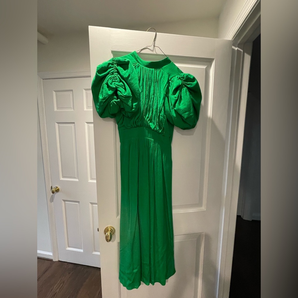 Rotate Birger Christensen Noon Open Back Balloon Midi Sleeve Dress Emerald Green